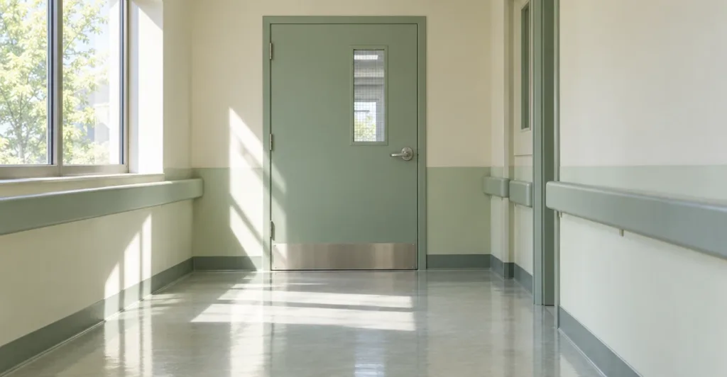 Closed hospital ward door at the end of a bright, empty corridor