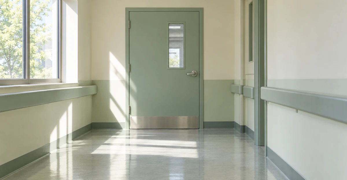 Closed hospital ward door at the end of a bright, empty corridor